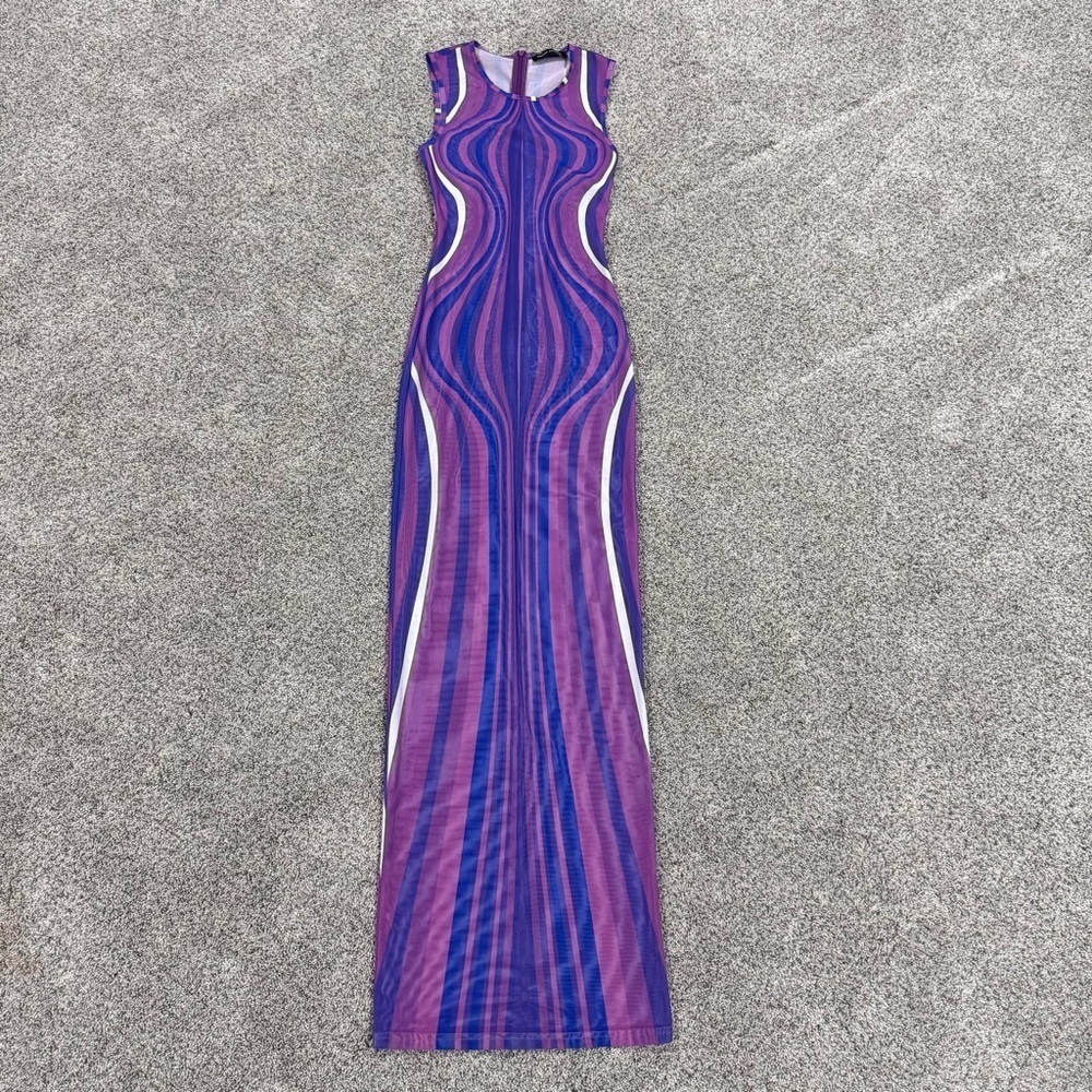 Shane Justin Purple Swirl Sheer Mesh Maxi Body on Sleeveless Dress Women’s XS